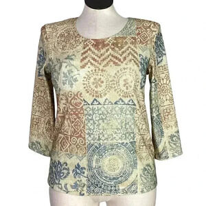TravelSmith Women M Ribbed Knit Top Ivory Blue Rust 3/4 Sleeve Scoop Neck